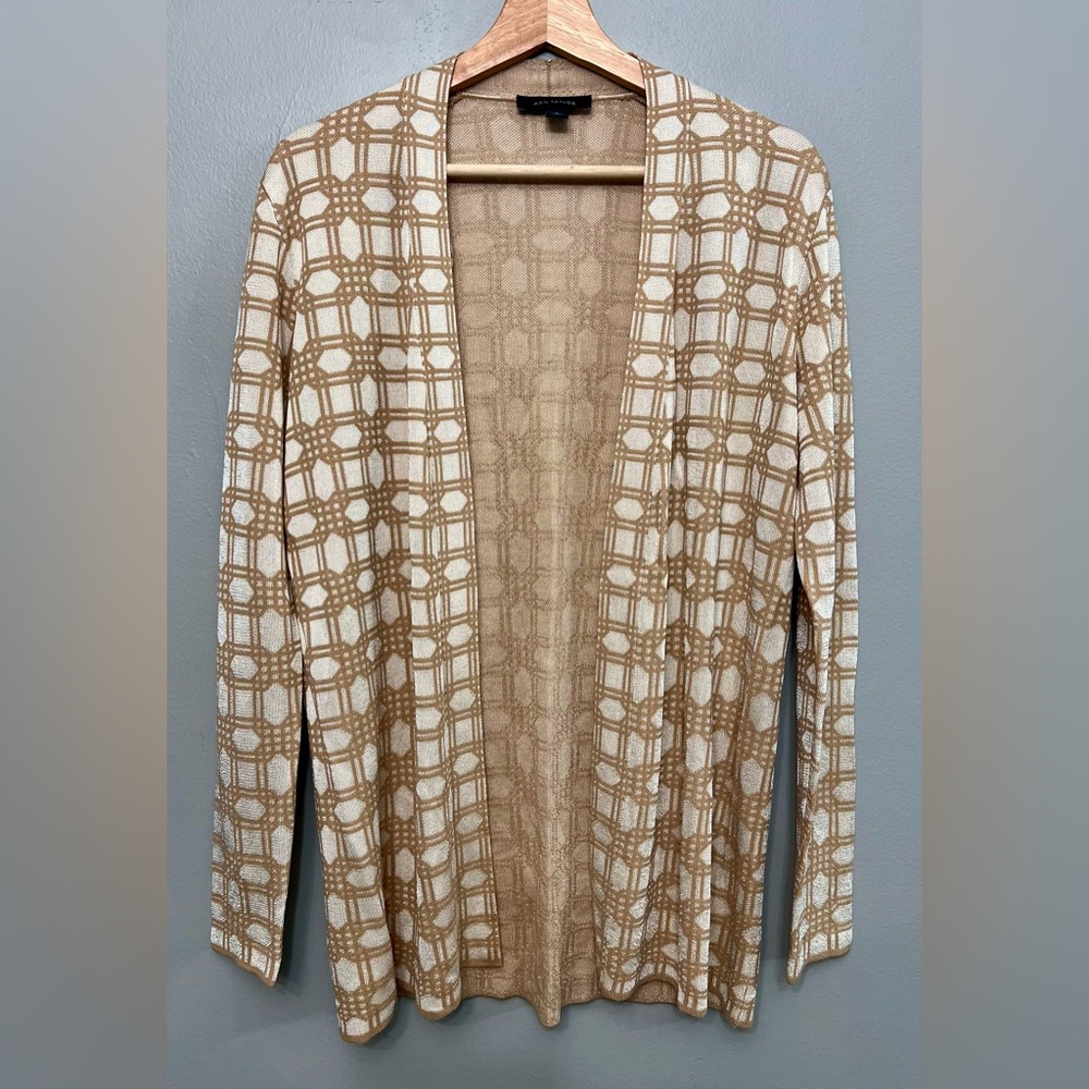 Ann Taylor Tan & White Geometric Pattern Cardigan Size Small